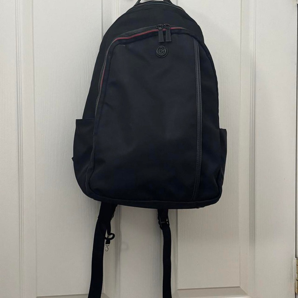 Joan & David Black Nylon Backpack Red Green Stripe Multi Pocket Travel Bag